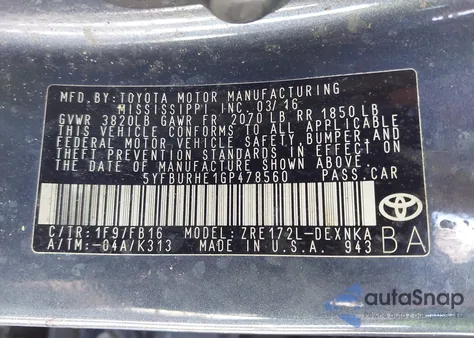 2016 Toyota Corolla Le z USA, uszkodzony, nr VIN 5YFBURHE1GP478560